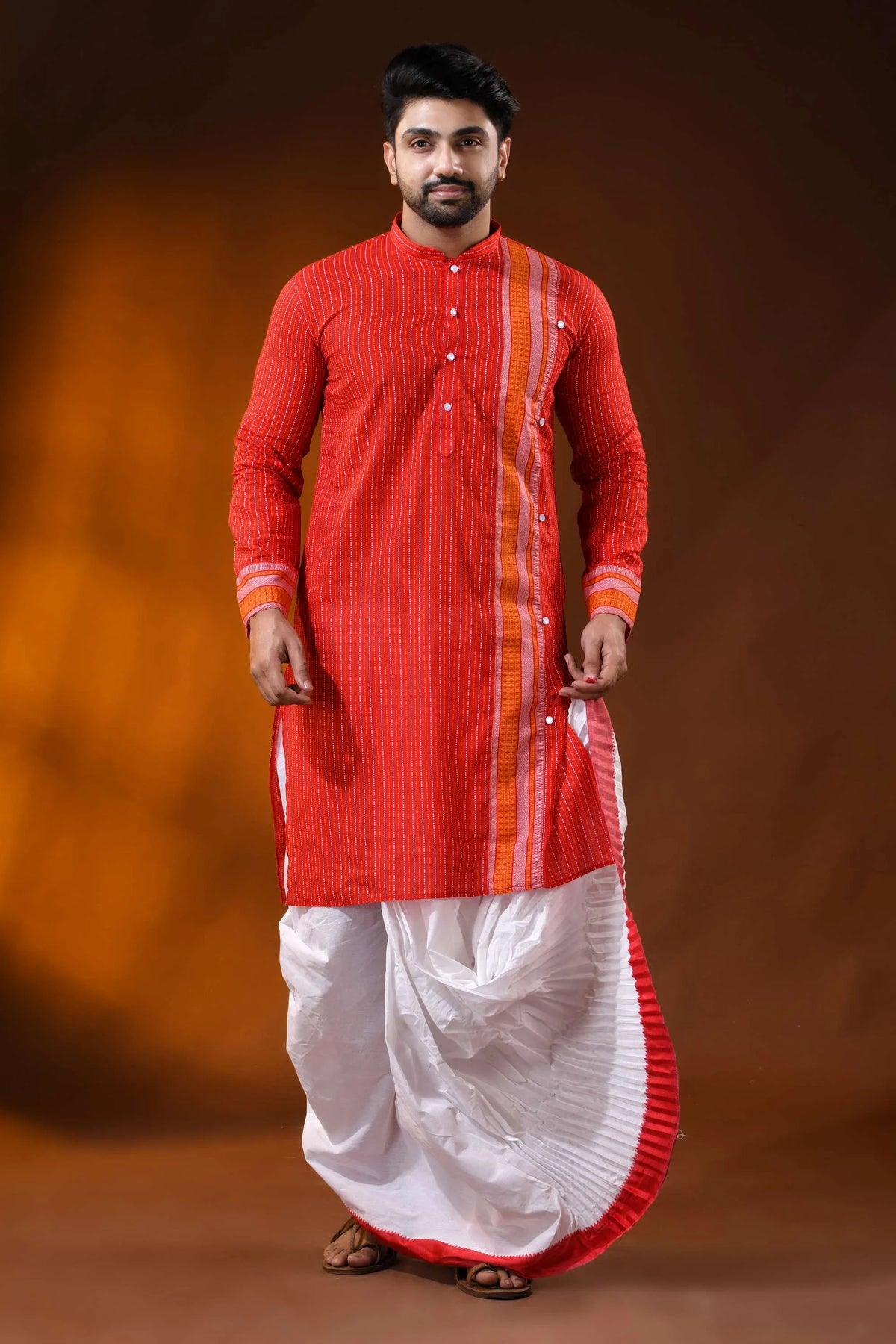 Vermilion red pure cotton printed punjabi for men with stripe design 7