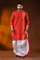 Vermilion red pure cotton printed punjabi for men with stripe design 7