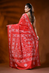 Vermilion red silk kantha work saree with warli hand embroidery 4