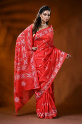 Vermilion red silk kantha work saree with warli hand embroidery 5