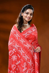 Vermilion red silk kantha work saree with warli hand embroidery 2