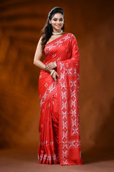 Vermilion red silk kantha work saree with warli hand embroidery 1