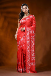 Vermilion red silk kantha work saree with warli hand embroidery 6