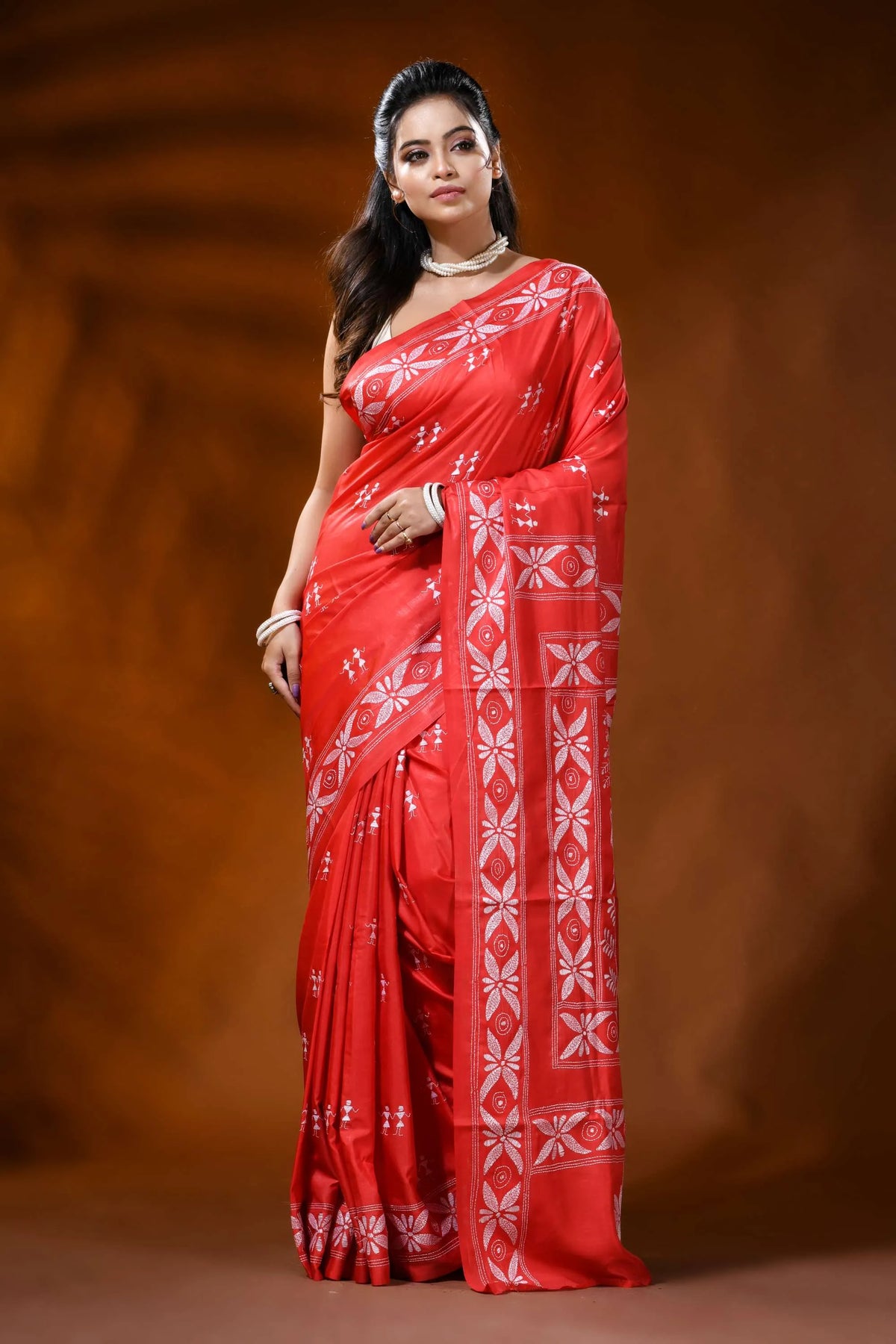 Vermilion red silk kantha work saree with warli hand embroidery 6