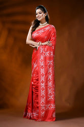 Vermilion red silk kantha work saree with warli hand embroidery 3