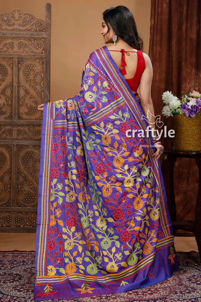 Vibrant Handmade Silk Kantha Saree in Violet Floral Design-Craftyle