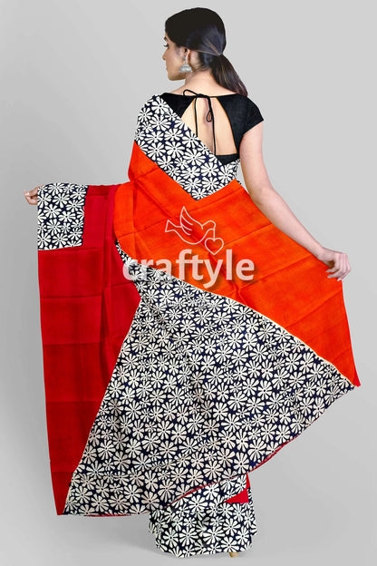 Vibrant red and pumpkin hand block print silk saree - pure mulberry fabric red orange floral saree 5