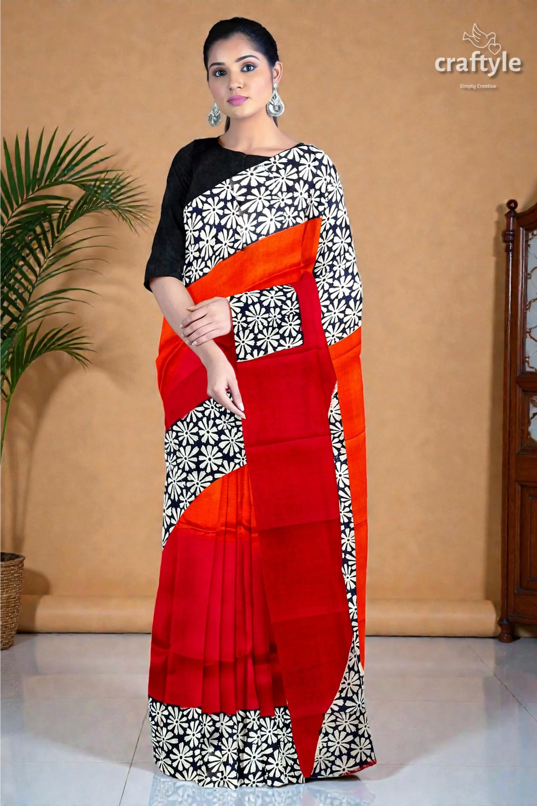 Vibrant red and pumpkin hand block print silk saree - pure mulberry fabric 1