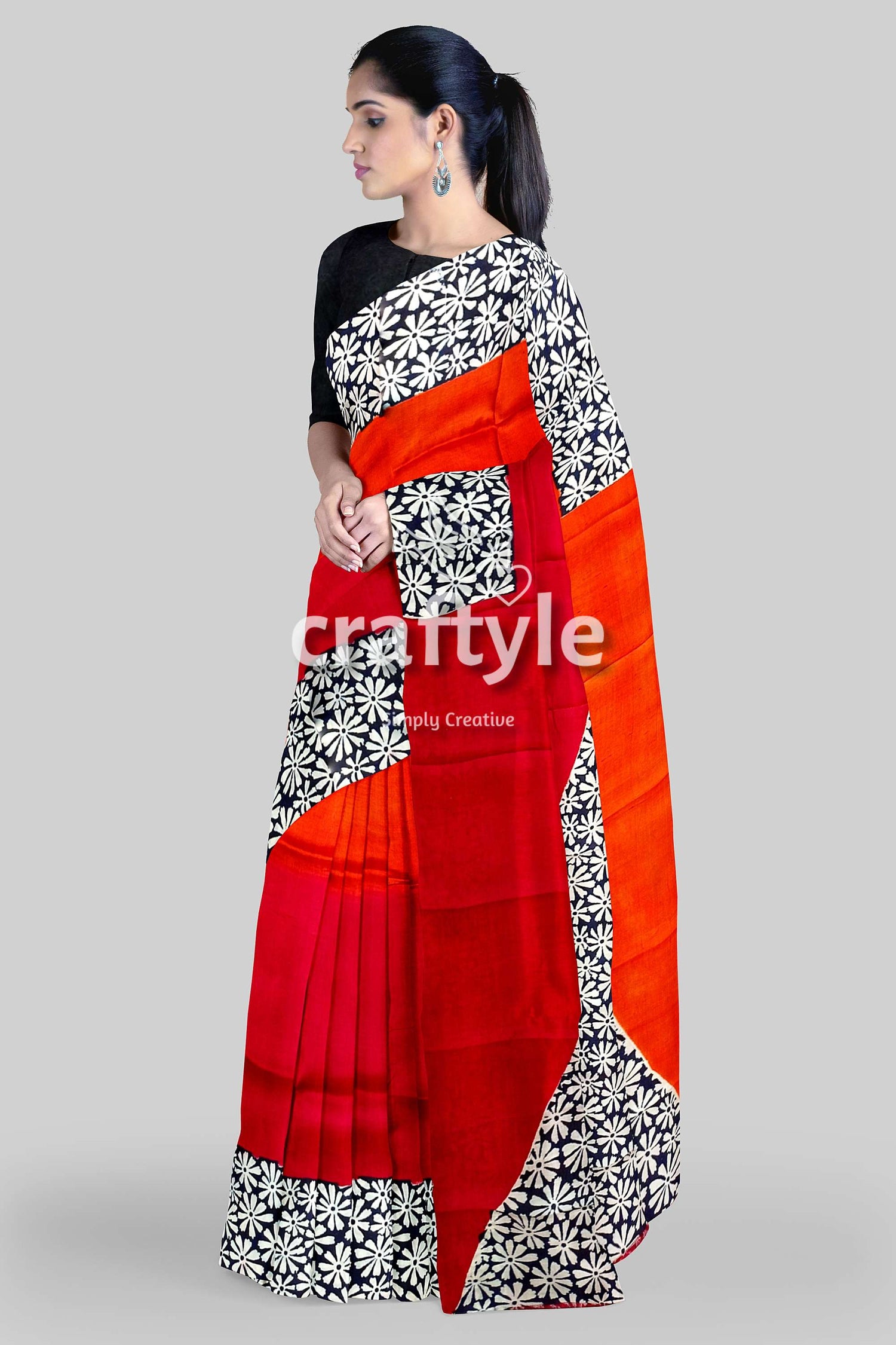 Vibrant Red and Pumpkin Hand Block Print Silk Saree - Pure Mulberry Silk Fabric - Craftyle