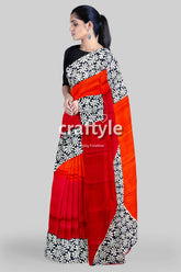 Vibrant Red and Pumpkin Hand Block Print Silk Saree - Pure Mulberry Silk Fabric - Craftyle