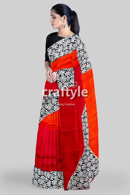 Vibrant Red and Pumpkin Hand Block Print Silk Saree - Pure Mulberry Silk Fabric - Craftyle
