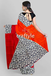 Vibrant Red and Pumpkin Hand Block Print Silk Saree - Pure Mulberry Silk Fabric - Craftyle