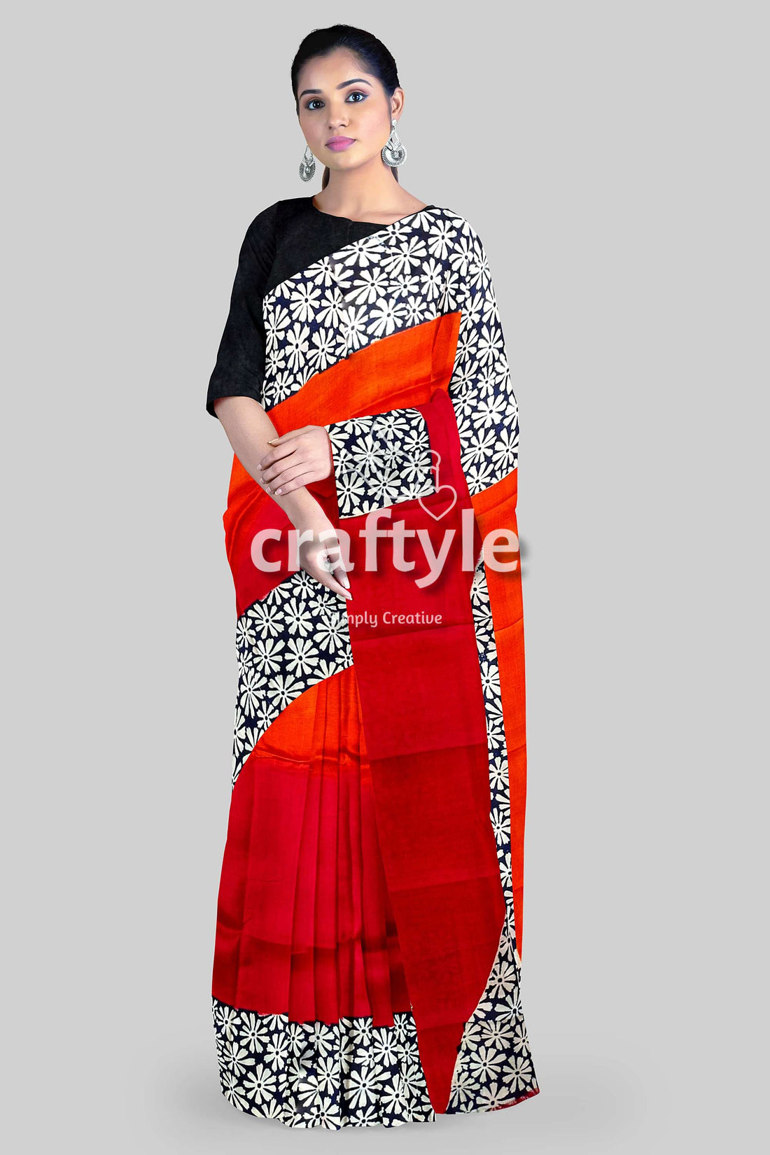 Vibrant Red and Pumpkin Hand Block Print Silk Saree - Pure Mulberry Silk Fabric - Craftyle