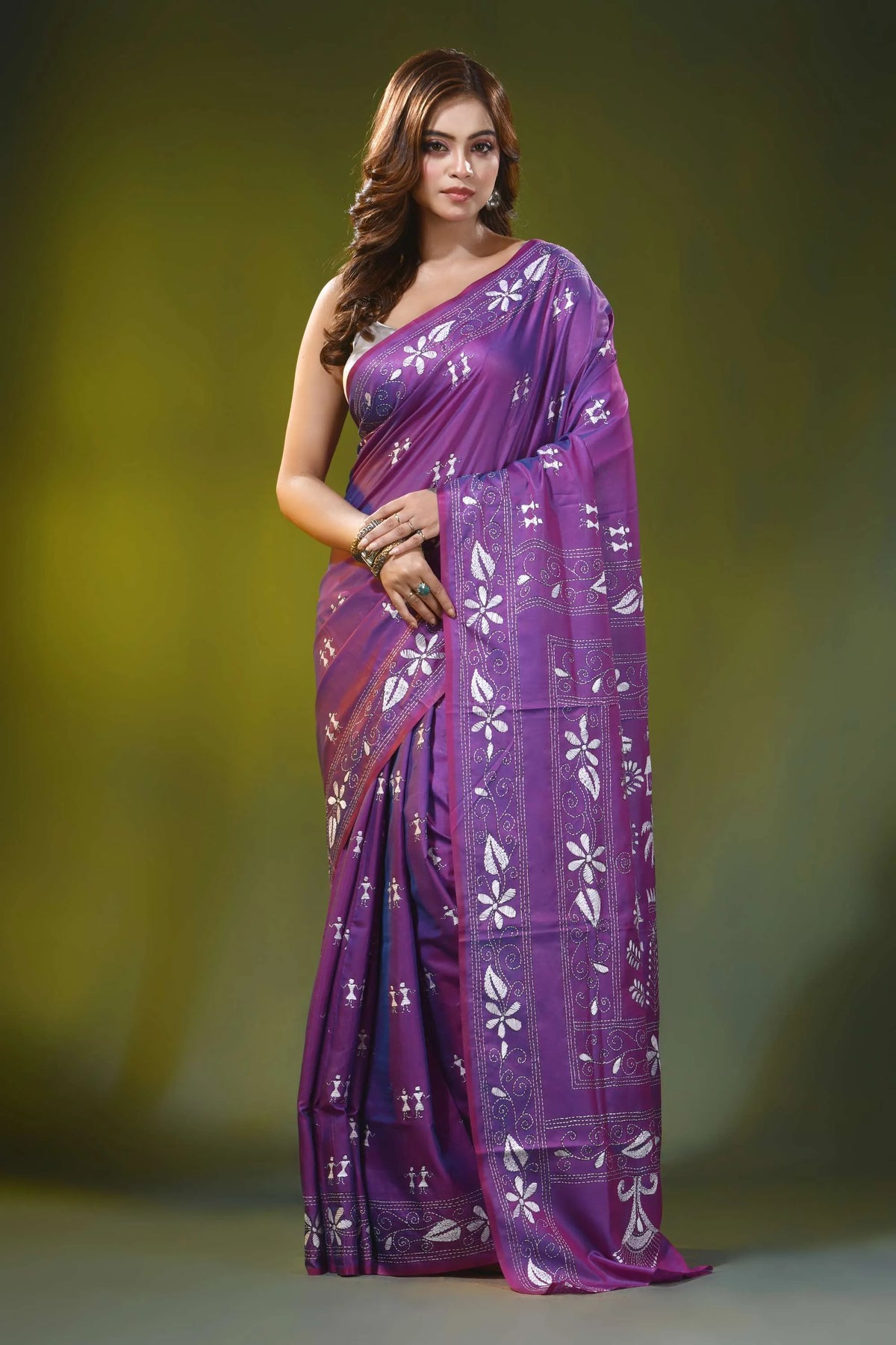 Village motif mauve purple handmade silk kantha stitch saree 1