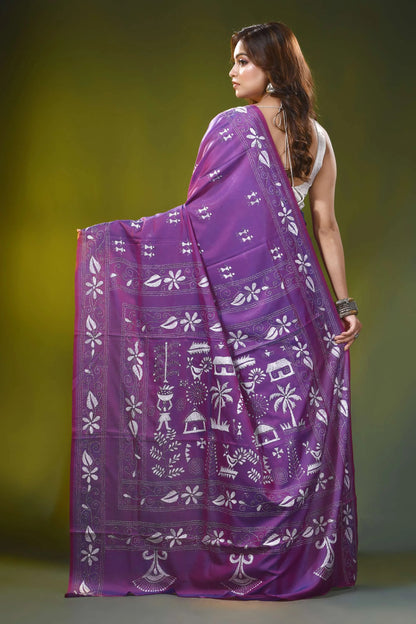 Village motif mauve purple handmade silk kantha stitch saree 5
