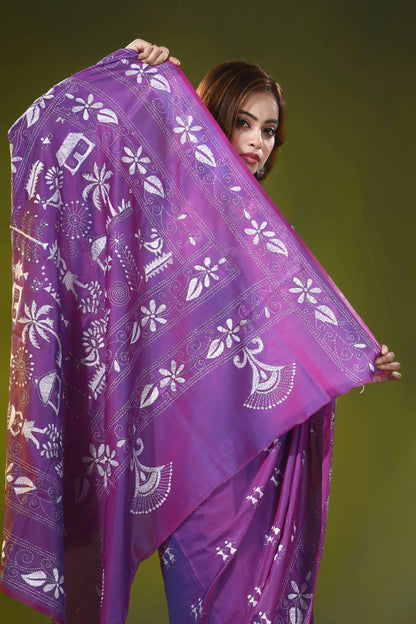 Village motif mauve purple handmade silk kantha stitch saree 2
