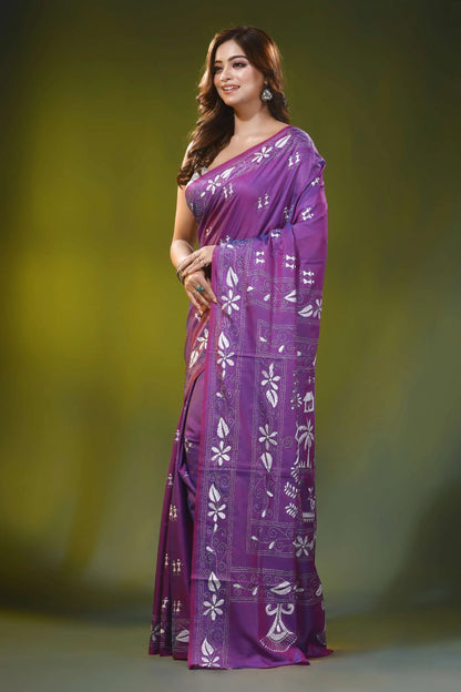 Village motif mauve purple handmade silk kantha stitch saree 3