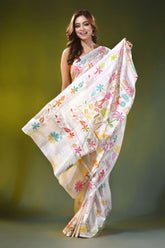 Village nature motif white handmade silk kantha stitch saree 7
