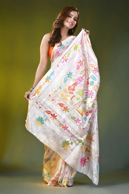 Village nature motif white handmade silk kantha stitch saree 4