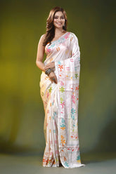 Village nature motif white handmade silk kantha stitch saree 1