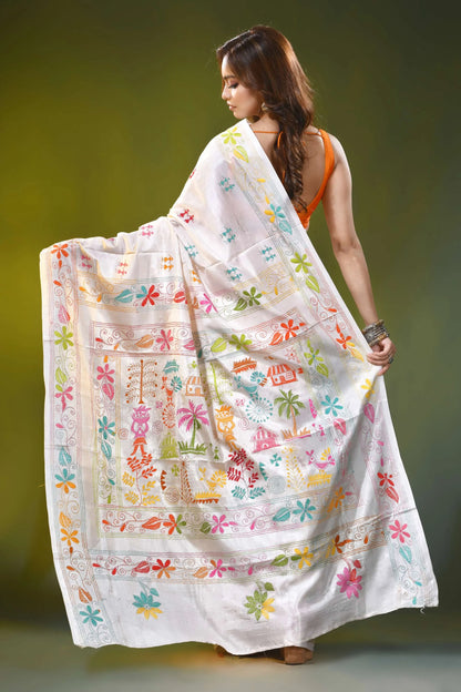 Village nature motif white handmade silk kantha stitch saree 5