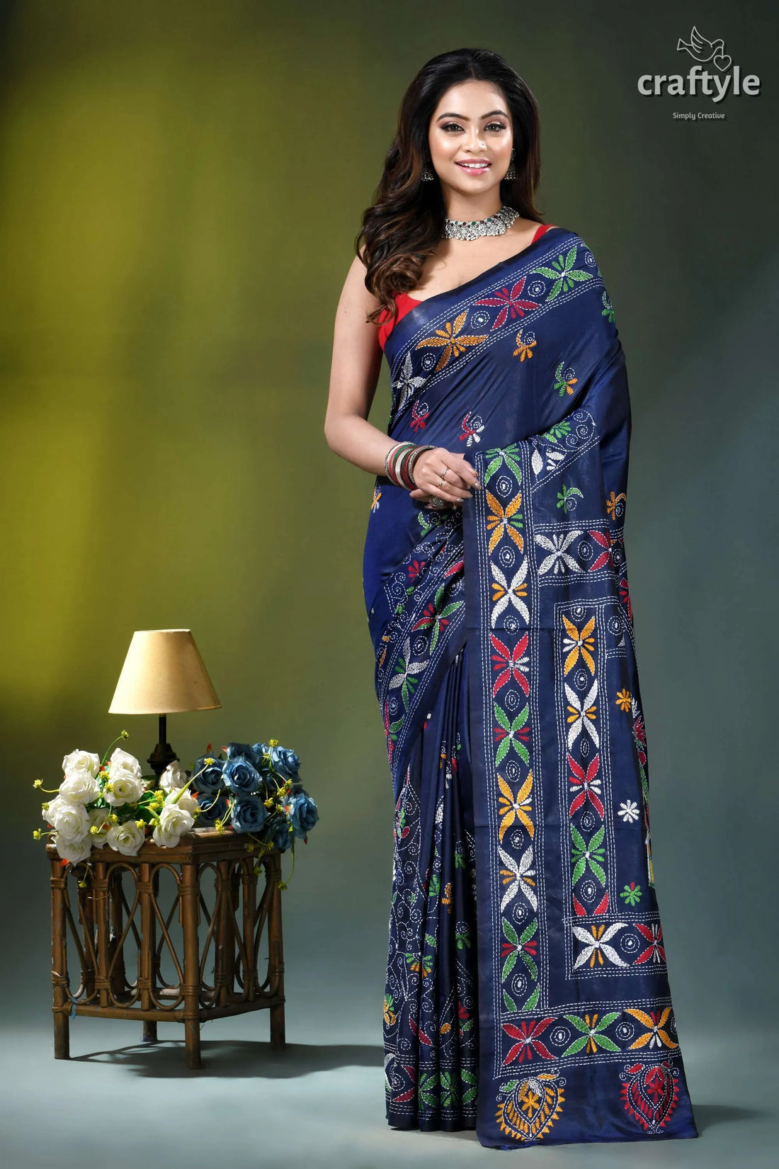 Village theme hand embroidered silk kantha work saree in blue zodiac navy blue saree adorned vibrant 1