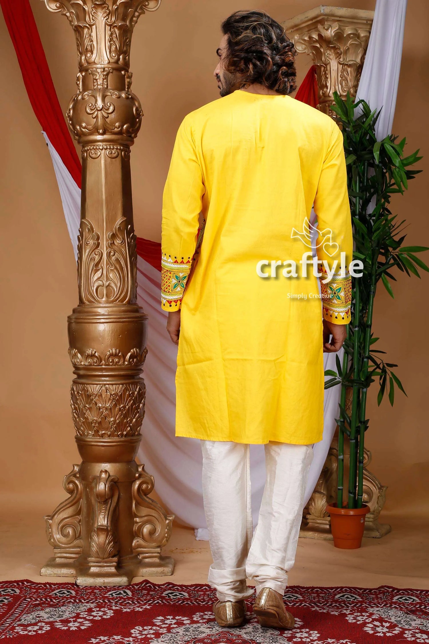 Village theme kantha work hand embroidered cotton kurta bright yellow traditional intricate 4