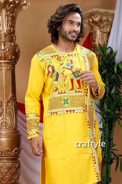 Village theme kantha work hand embroidered cotton kurta vibrant yellow intricate 2