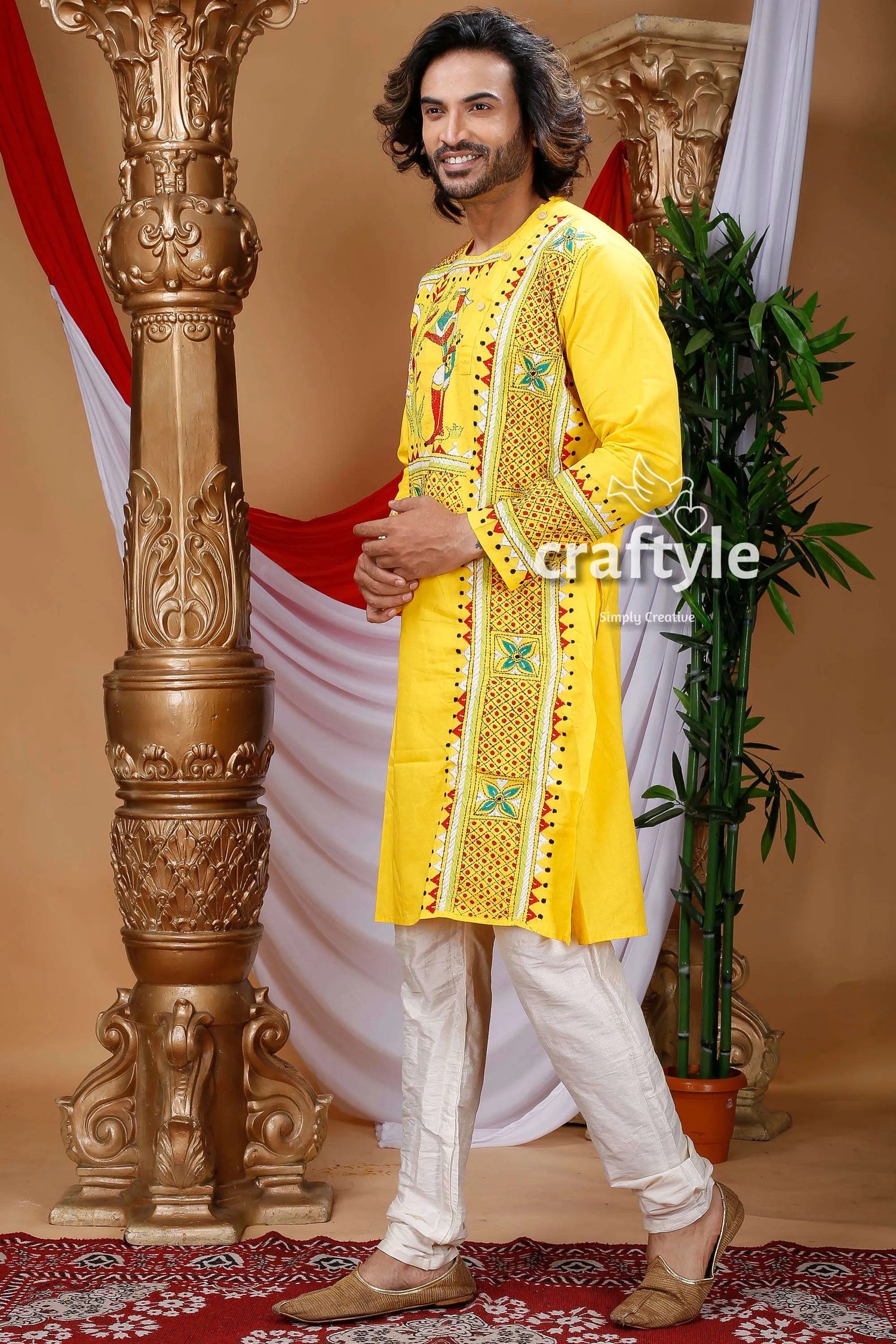 Village theme kantha work hand embroidered cotton kurta bright yellow intricate 3