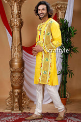 Village theme kantha work hand embroidered cotton kurta bright yellow intricate 3