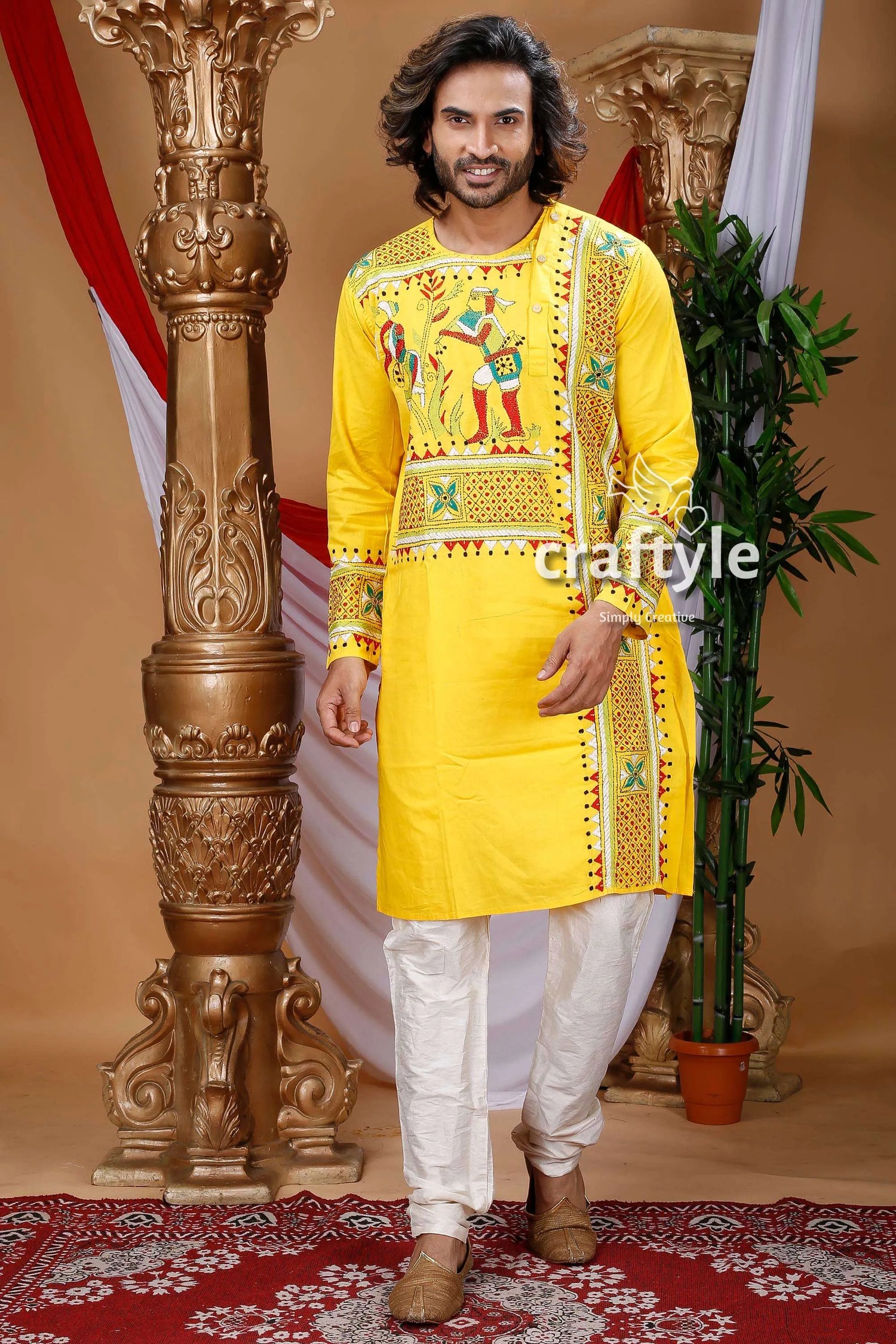 Village theme kantha work hand embroidered cotton kurta vibrant yellow traditional intricate 1