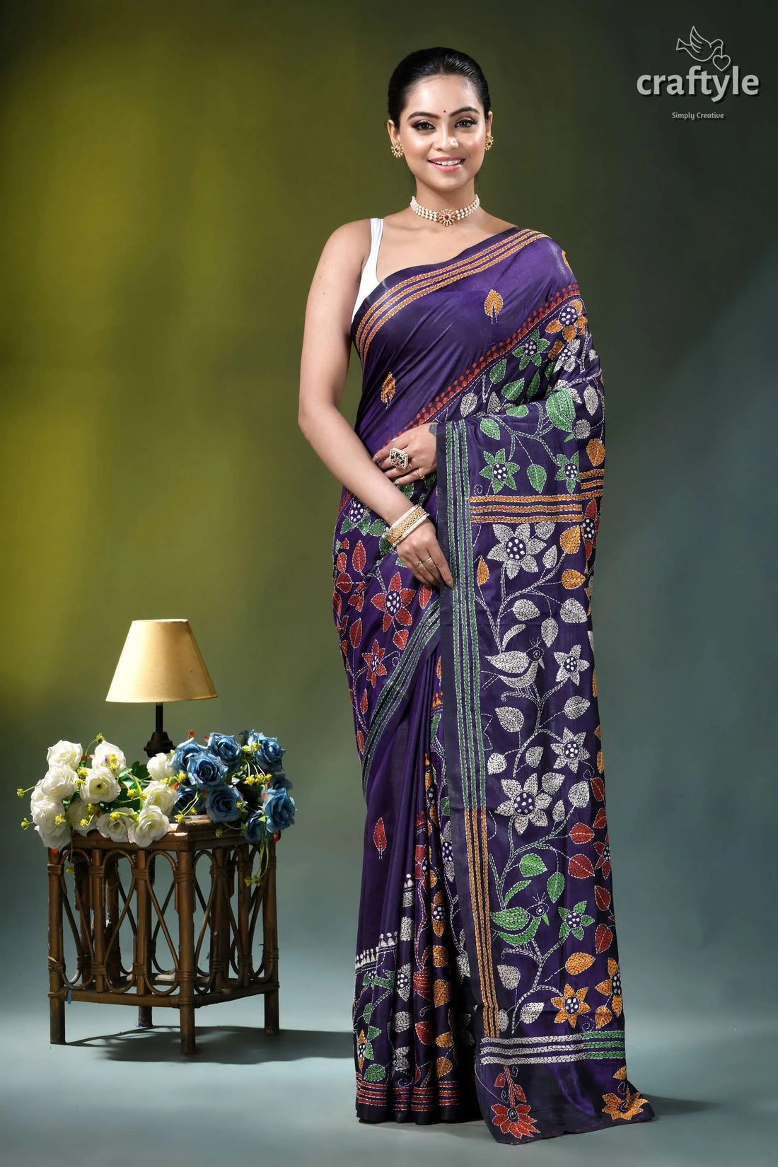 Violent violet floral bird motif hand kantha embroidered silk saree purple silk saree intricate floral 1