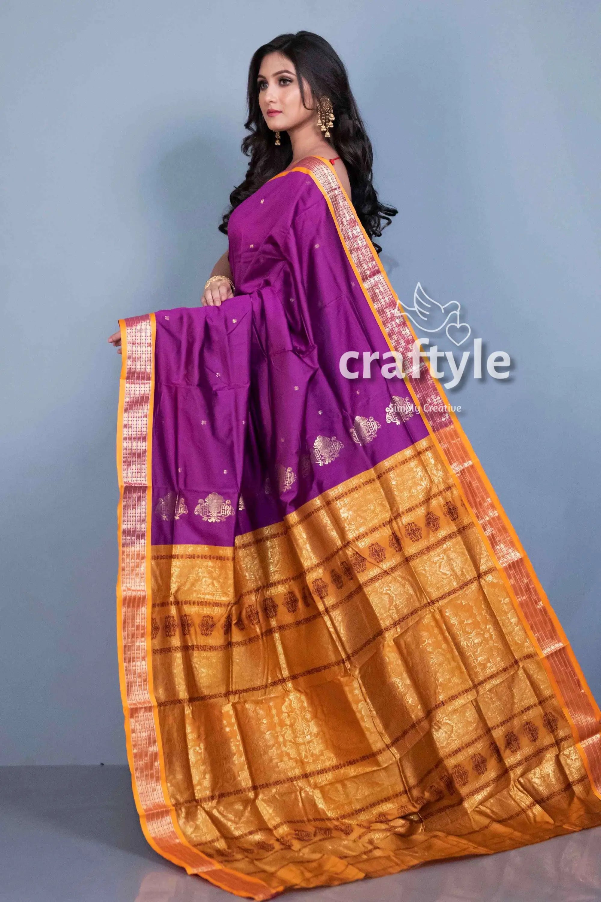 Violet color bomkai soft silk saree with blouse piece purple gold saree 4
