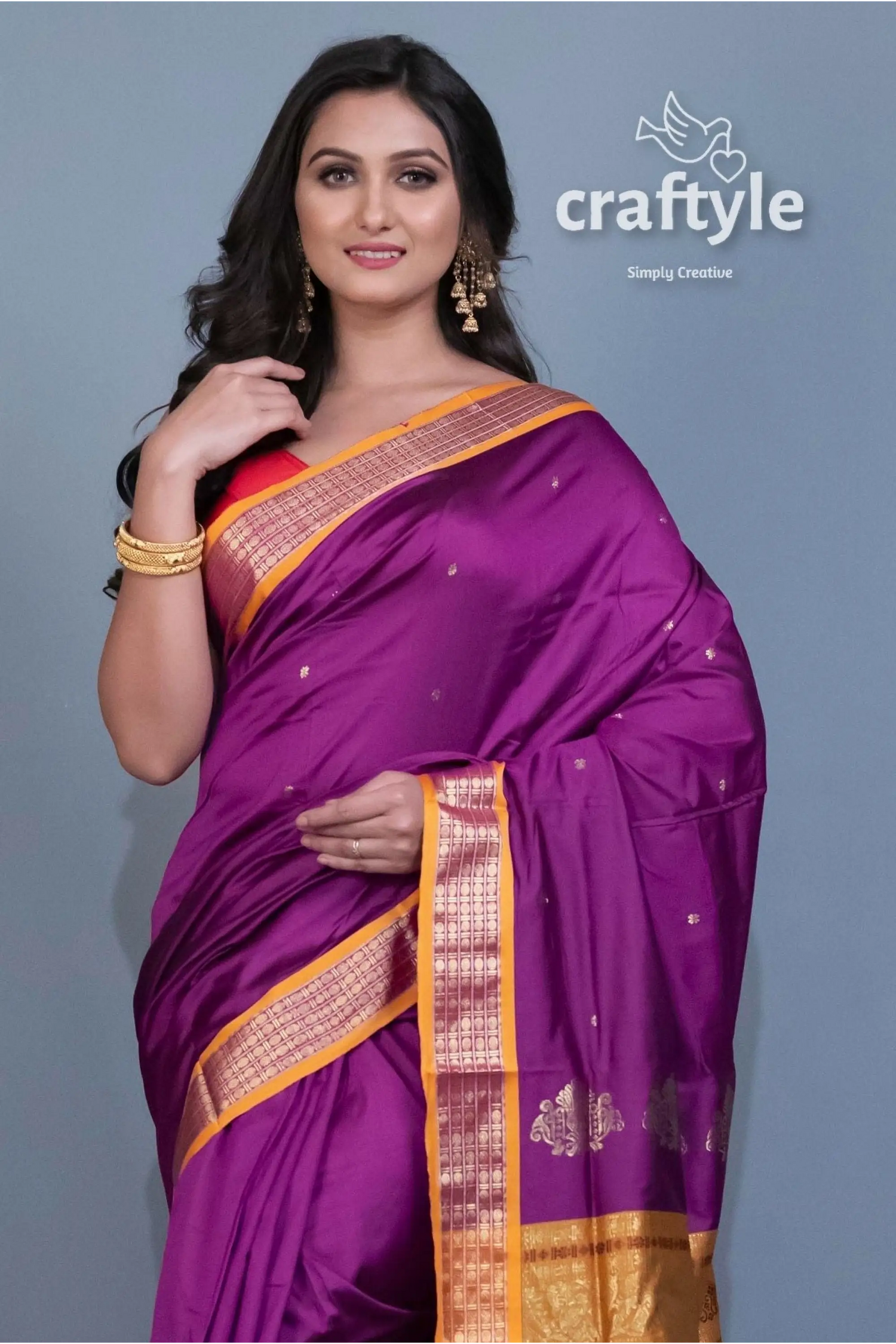Violet color bomkai soft silk saree with blouse piece purple silk saree golden border 2