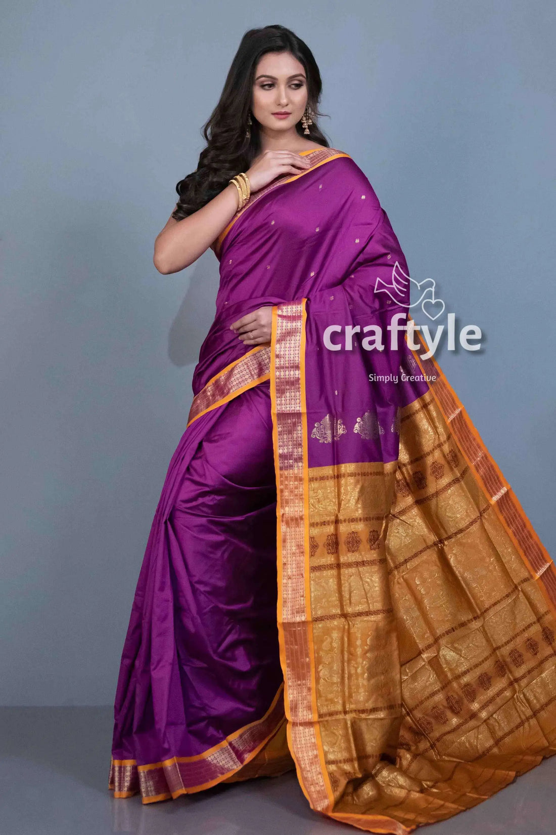 Violet color bomkai soft silk saree with blouse piece purple gold saree 1