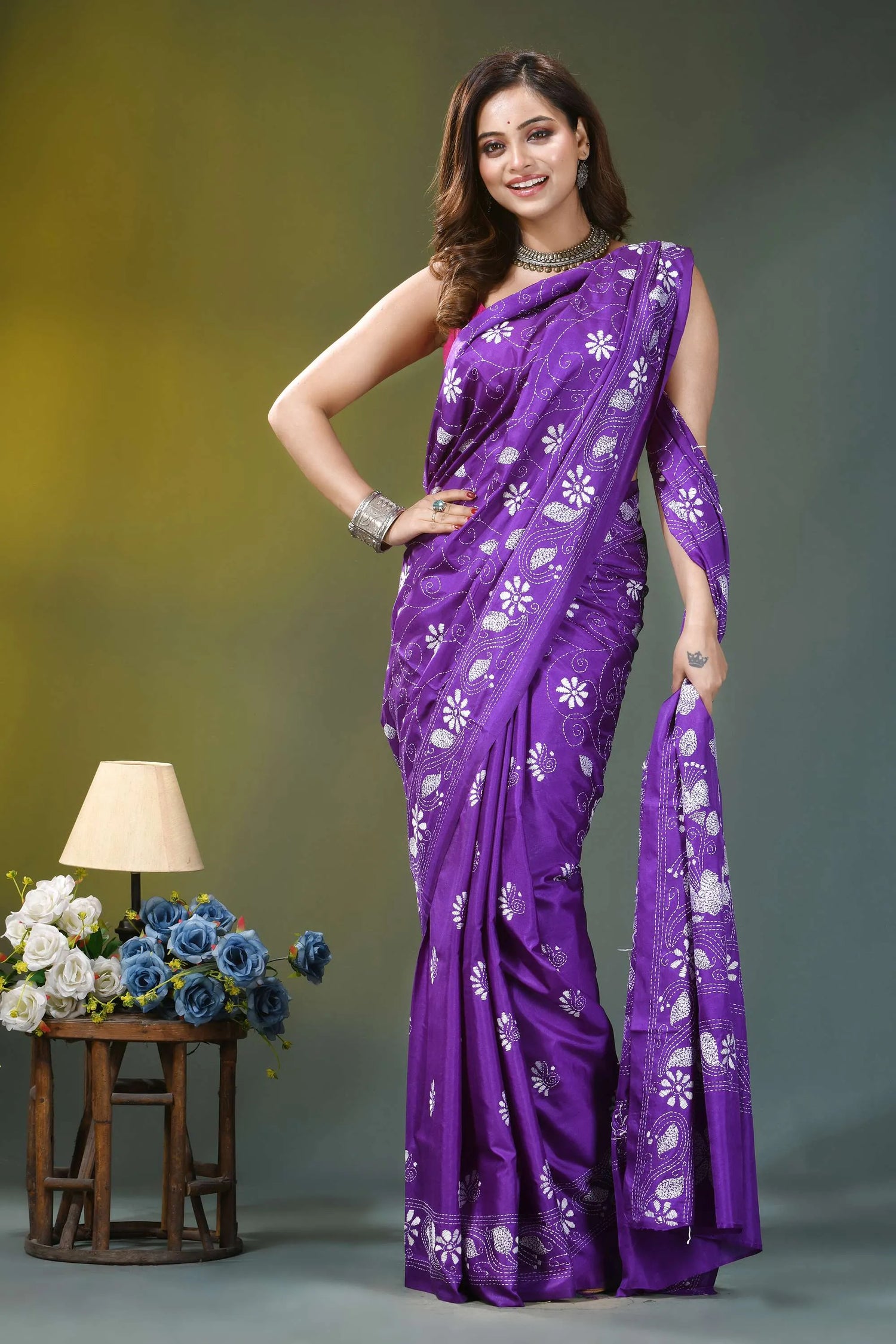 Violet floral design hand embroidered silk kantha saree vibrant purple saree intricate white 4