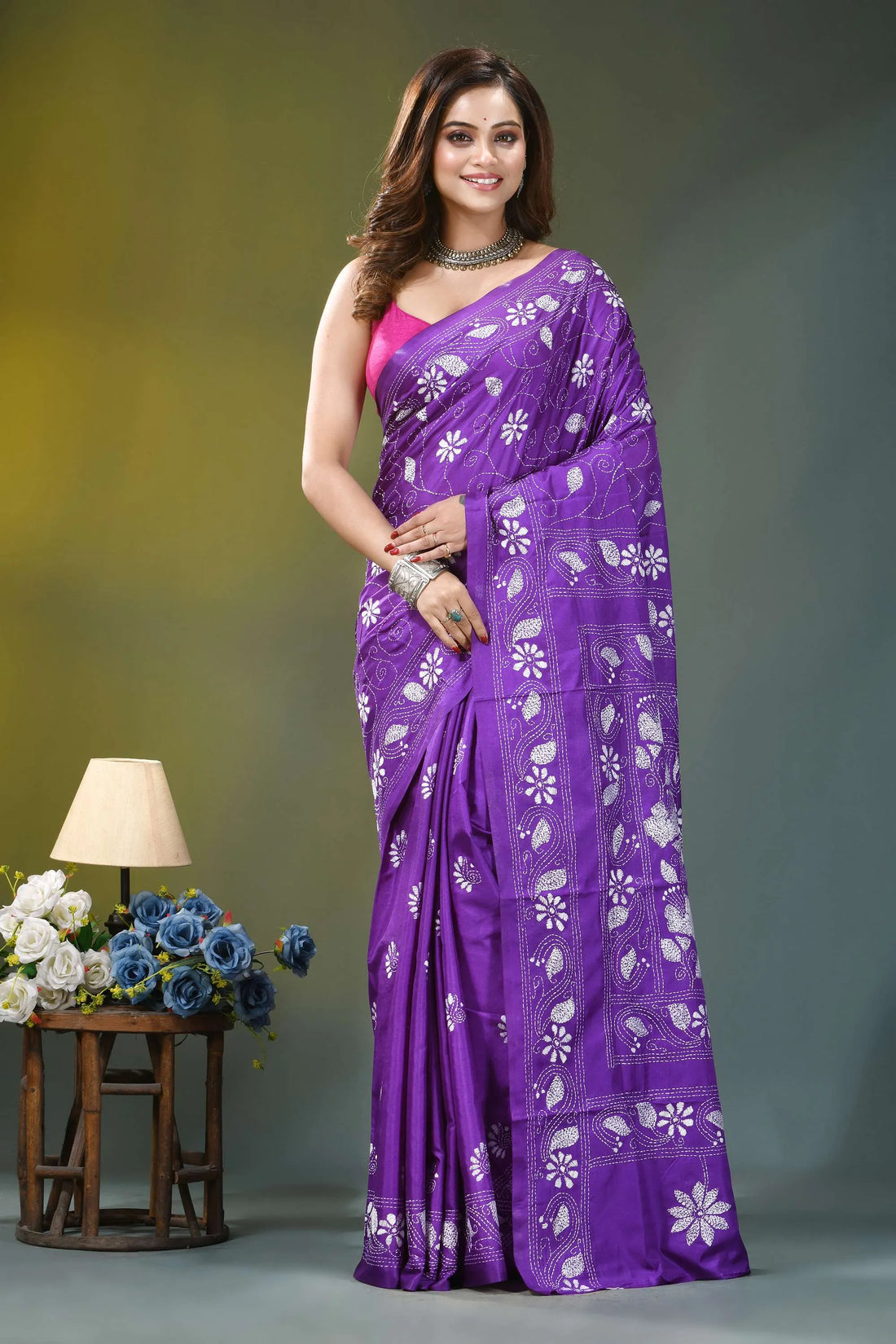 Violet floral design hand embroidered silk kantha saree vibrant purple saree intricate white 1