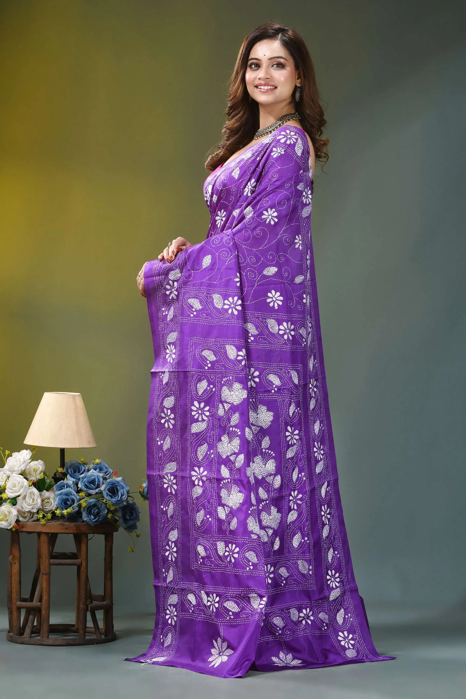 Violet floral design hand embroidered silk kantha saree vibrant purple saree adorned intricate 3