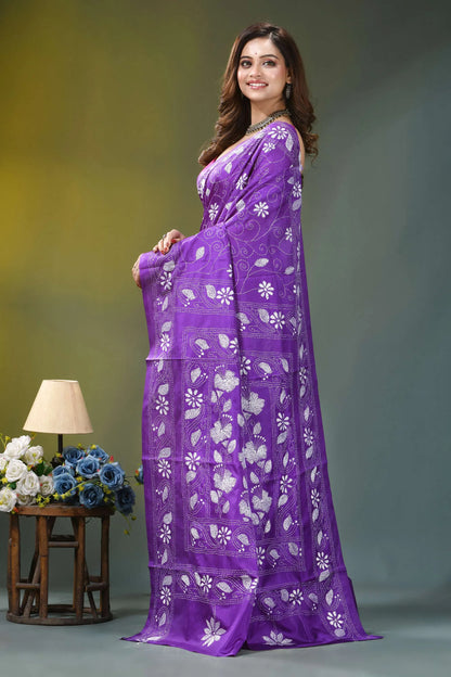 Violet floral design hand embroidered silk kantha saree vibrant purple saree adorned intricate 3