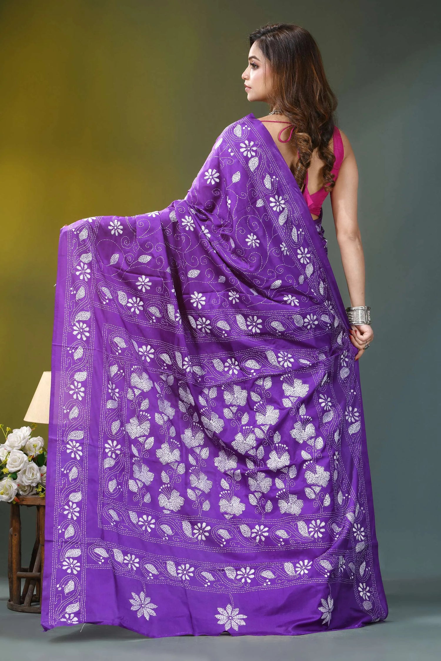 Violet floral design hand embroidered silk kantha saree vibrant purple saree adorned intricate 5