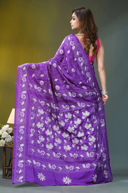 Violet floral design hand embroidered silk kantha saree vibrant purple saree adorned intricate 5