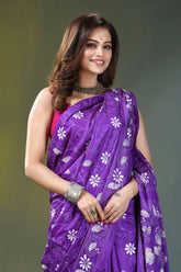 Violet floral design hand embroidered silk kantha saree vibrant purple saree adorned intricate 2
