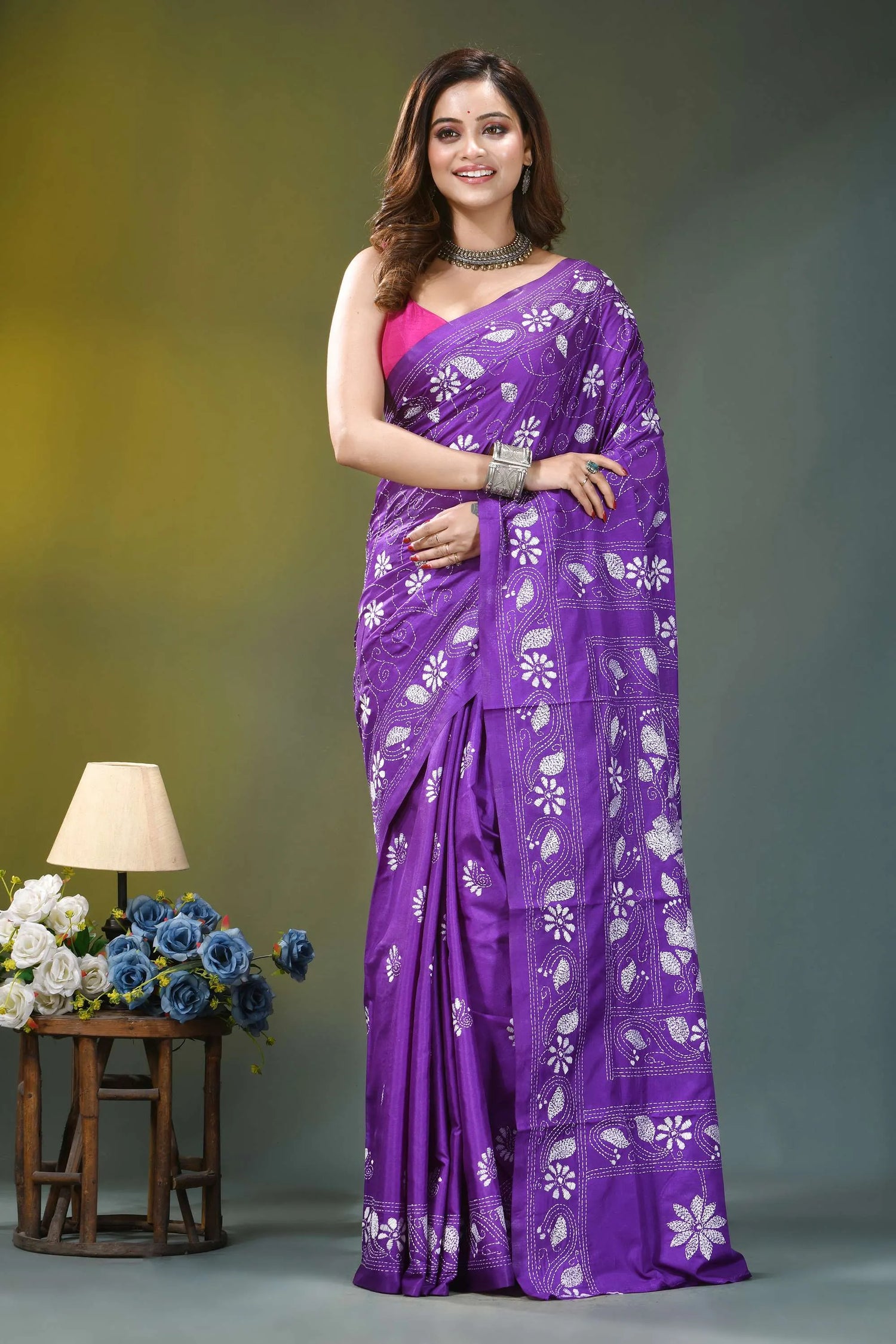 Violet floral design hand embroidered silk kantha saree purple sari white floral embroidery 6