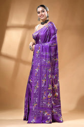 Violet multicolor nature theme silk kantha work saree vibrant purple silk saree adorned 3