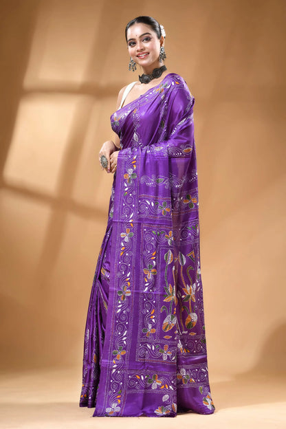 Violet multicolor nature theme silk kantha work saree vibrant purple silk saree adorned 3