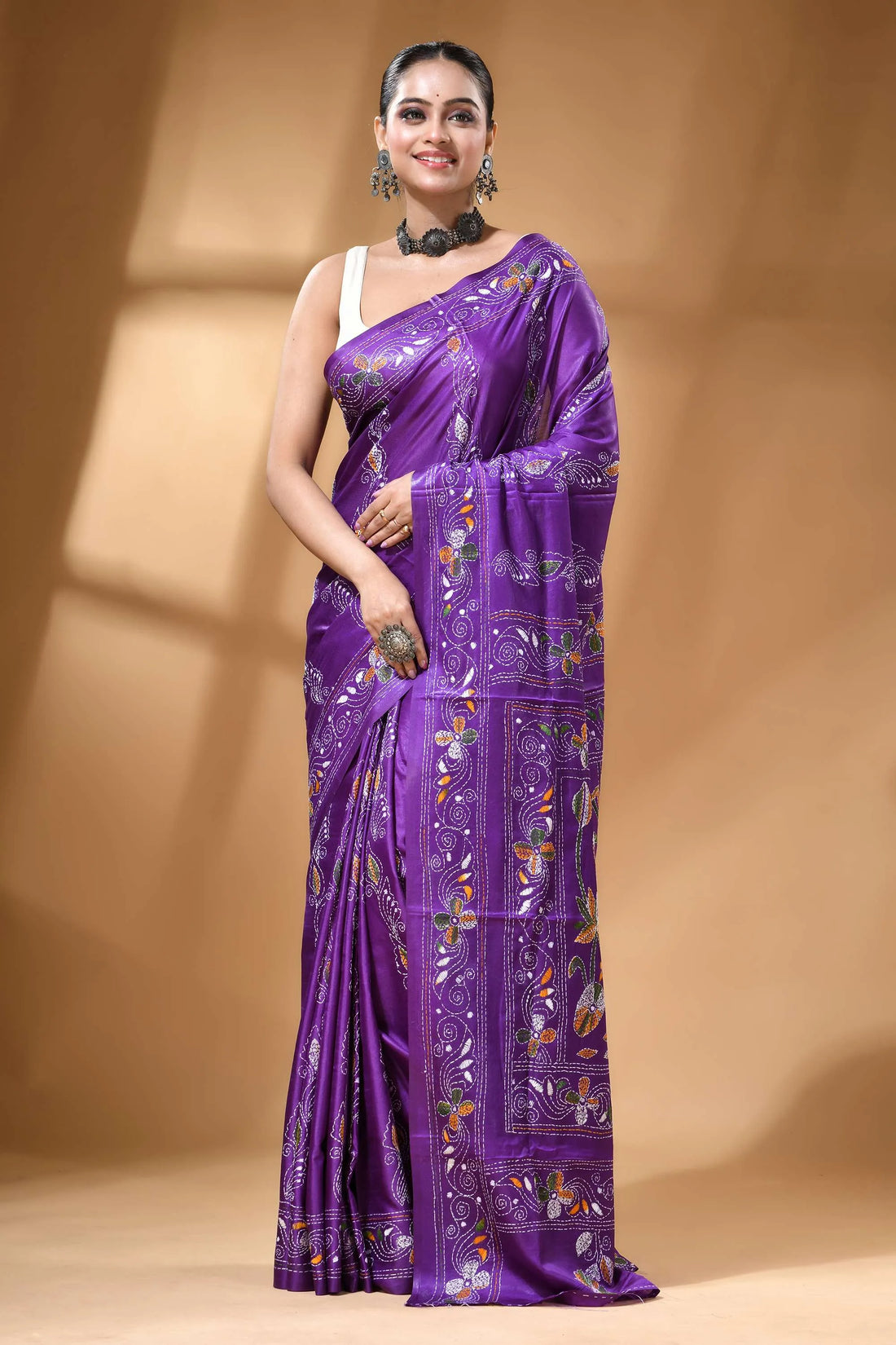 Violet multicolor nature theme silk kantha work saree vibrant purple silk saree adorned 1