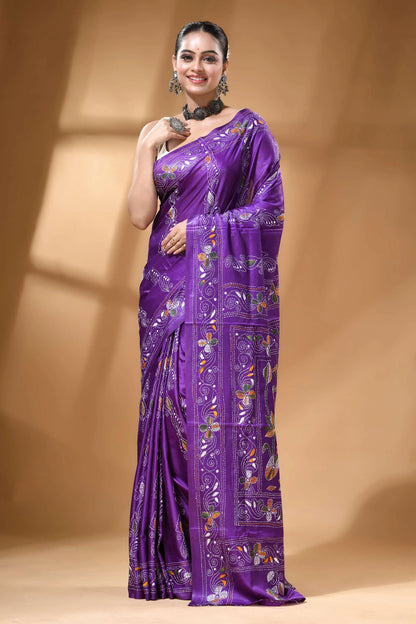 Violet multicolor nature theme silk kantha work saree vibrant purple silk saree adorned 6