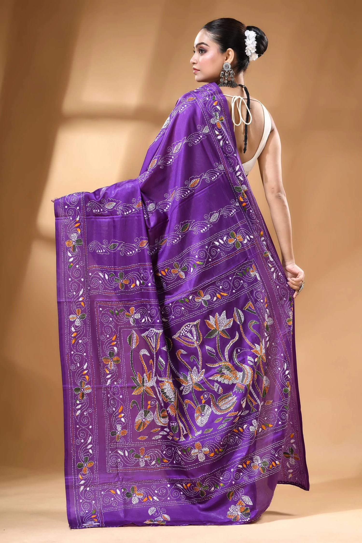 Violet multicolor nature theme silk kantha work saree vibrant purple silk saree adorned 5