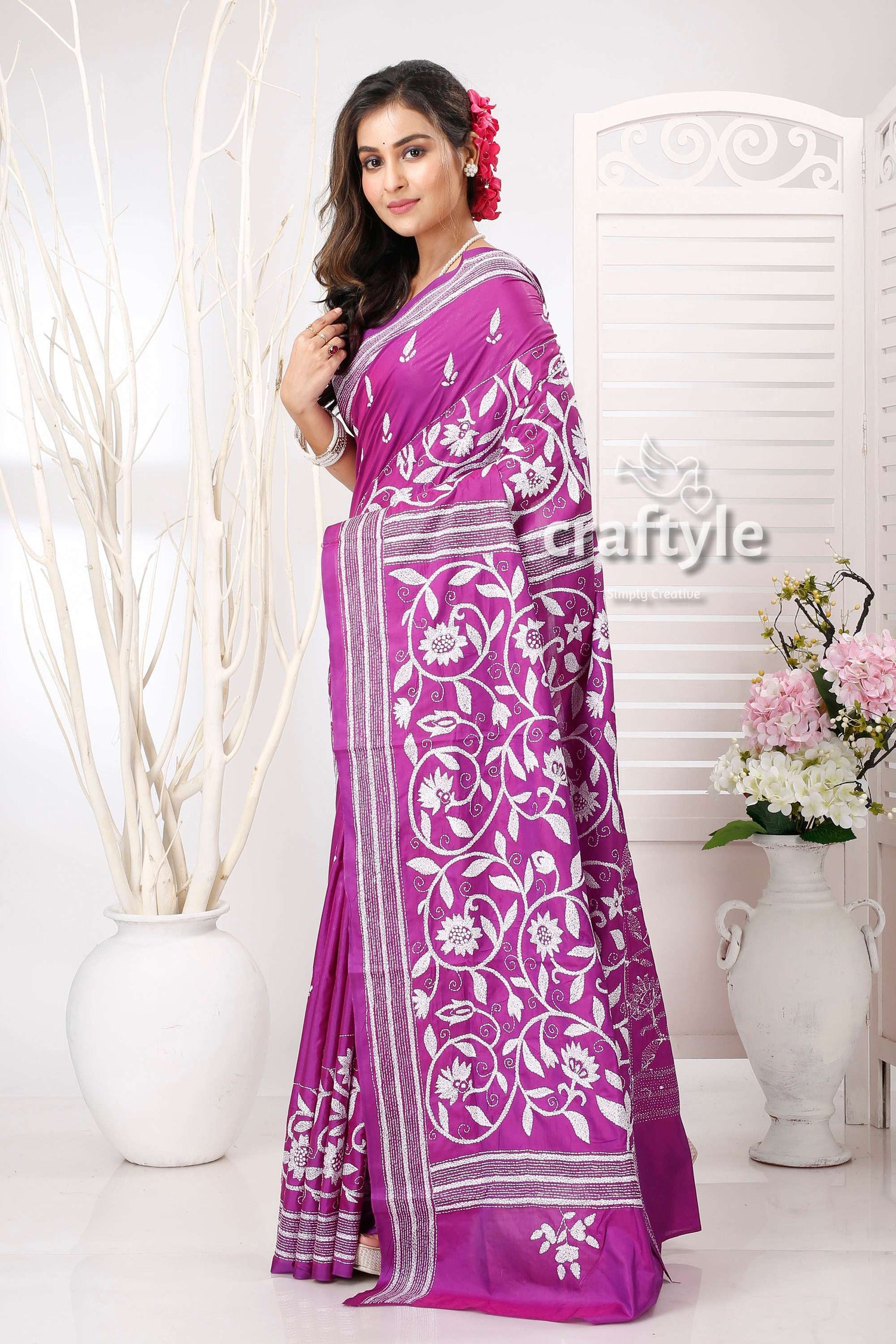 Violet-Purple Dual Tone Intricate Silk Kantha Work Saree - Craftyle