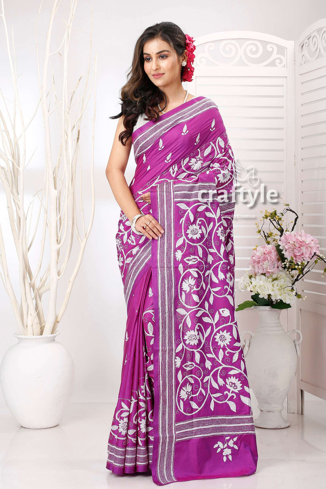 Violet-Purple Dual Tone Intricate Silk Kantha Work Saree - Craftyle
